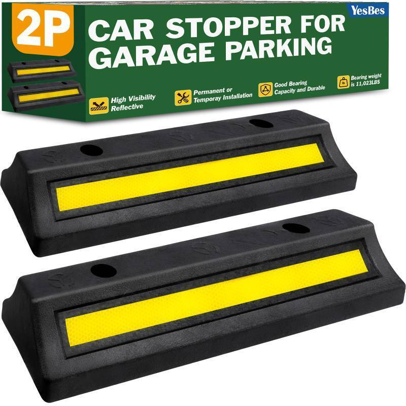 lot 3537 image: YesBes Pack of 2 Garage Parking Aid, 16.9 Parking Stopper for Garage, Heavy Duty Rubber Garage Car Stopper with Reflective Yellow Tape Curb, Parking Gadgets Protects Garage Walls and Car