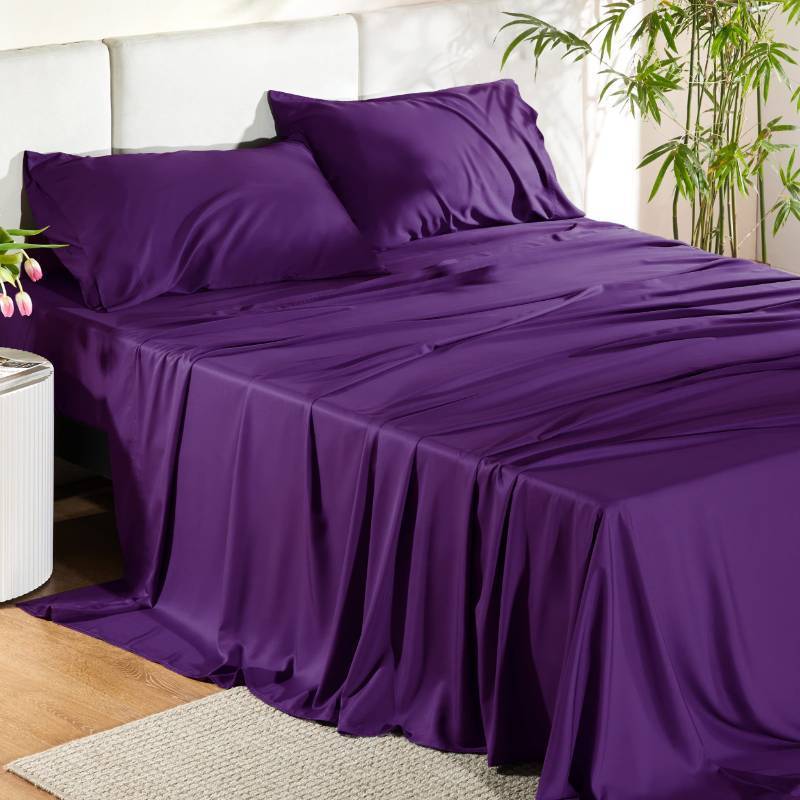lot 3541 image: Bedsure Full Size Bed Sheets, Cooling Sheets, Rayon Derived from Bamboo, PureWoven, Breathable & Soft, Deep Pocket Up to 16 Inches, Hotel Luxury Silky Bedding for Hot Sleepers, Plum