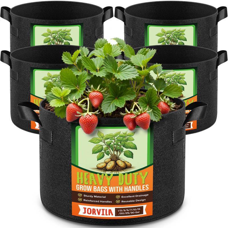 lot 3543 image: Jorvila 5 Pack 5 Gallon Grow Bags, Thickened Nonwoven Fabric Planter Pots with Handles, Heavy Duty 300G Garden Pots for Tomato, Potato and Vegetable
