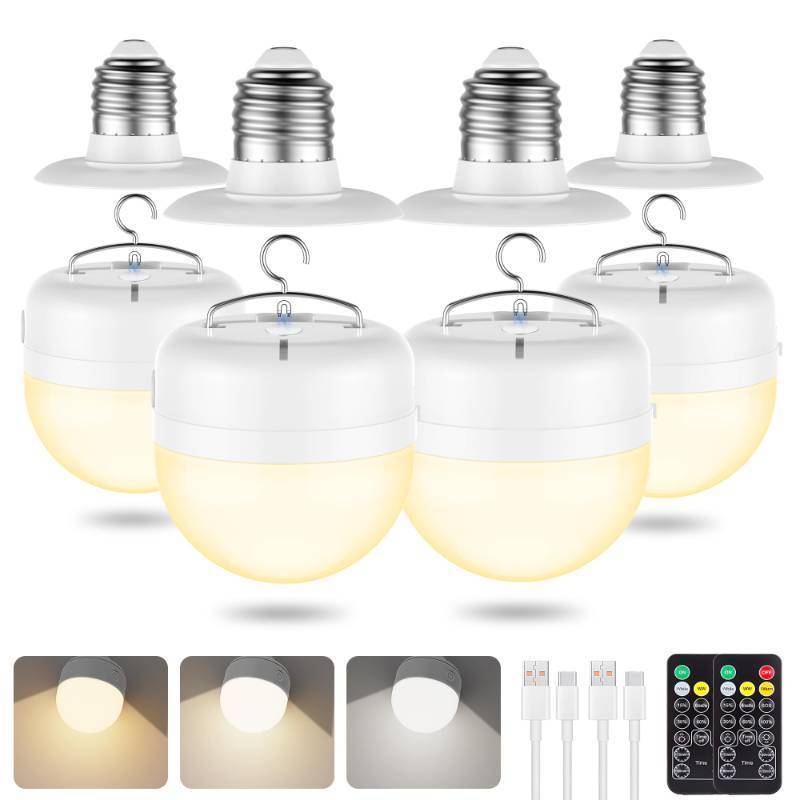 lot 3544 image: 4Packs E26 Rechargeable Magnetic Light Bulbs with Remote and Hook, 10W 900LM Battery operated Emergency LED Bulb 3500mAh, Portable Large Camping Tent Lamp for Home, Hurricane, Power Outage & Outdoor