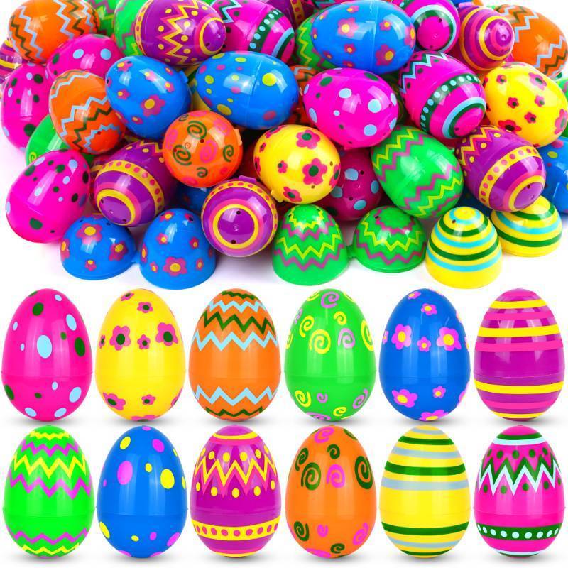 lot 3545 image: Envotek 60 Pack Plastic Printed Easter Eggs, 2.4 Inch Fillable Empty Eggs Bulks for Easter Eggs Hunt, Easter Basket Stuffers Fillers, Classroom Prize Supplies, Filling Treats and Party Favors