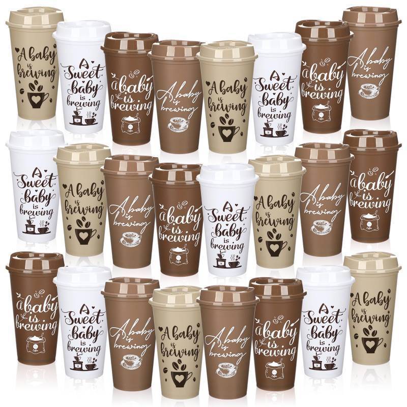 lot 13843 image: Ferrochef 24 Pcs Baby Is Brewing Cups with Lid 16 oz Babies Is Brewing Baby Shower Decorations Coffee Themed Birthday Tumblers Bulk Plastic Cups for Gender Reveal Party Supplies Guest Gift