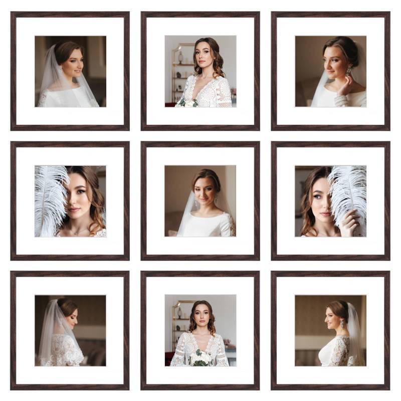 lot 3546 image: BSRHOME 12x12 Picture Frame Set of 9, Display Pictures 8x8 with Mat or 12x12 without Mat, Multi Collage Gallery Square Photo Frames for Wall or Tabletop, Brown