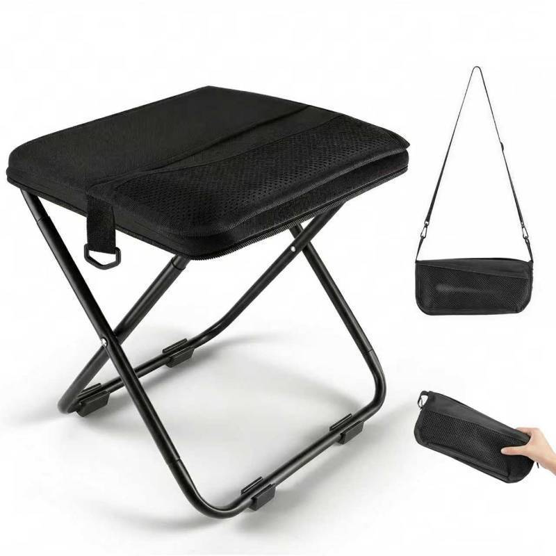 lot 12088 image: Portable folding stool with dual storage pockets and side pockets Compact adult-sized portable stool, ideal for camping, hiking, outdoor activities and events Maximum weight capacity 280 lbs (Black)