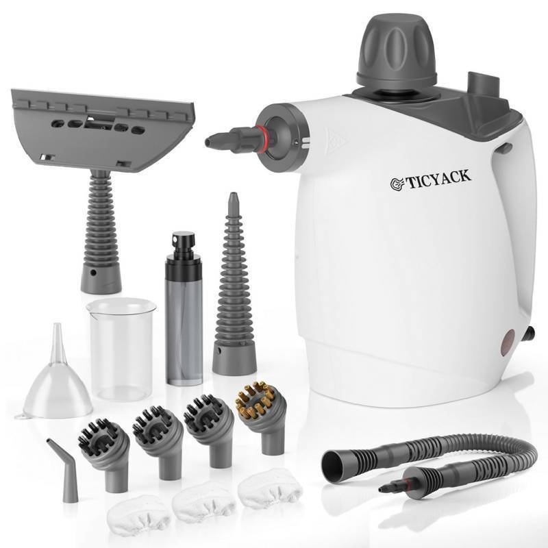 lot 6166 image: TICYACK Handheld Steam Cleaner, Steam Cleaner with 16 PCS Accessory & Safety Lock, 500ML Capacity, Multi-Surface Deep Cleaning for Home, Car, Bathroom, Grout, Floor, Window (White) used box wet