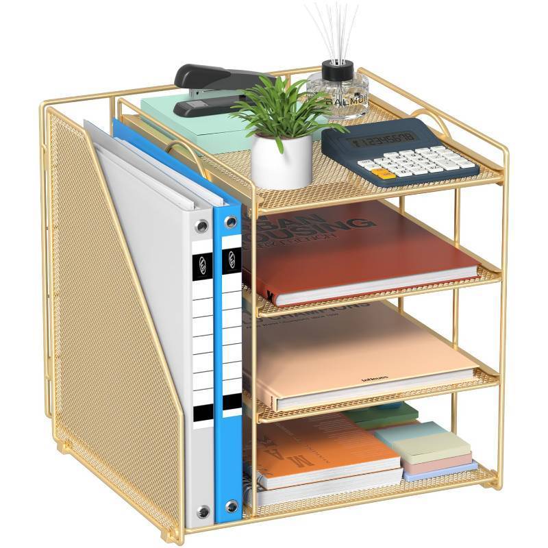 lot 3550 image: Becomrock Gold Desk Organizer, 4-Tier Metal Paper Organizer for Desk with Vertical File Holder, Office Accessories and Desktop Storage for Office Supplies (Gold)