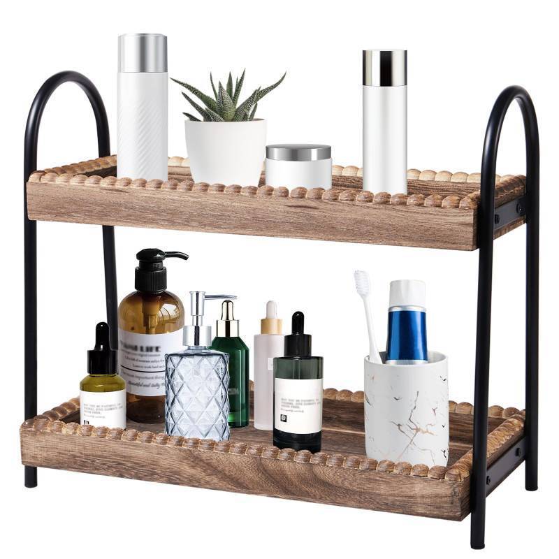 lot 3551 image: BDBDYEAY Bathroom Countertop Organizer, 2 Tier Vanity Organizer and Storage for Cosmetic Skincare Perfume, Wood Bead Storage Shelf for Bathroom Kitchen Coffee Station