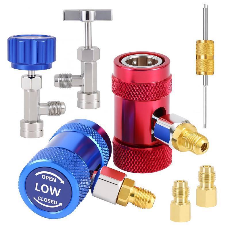 lot 6170 image: R1234yf Quick Coupler & Can Tap Kit, AC Recharge Tool Set with Self-Sealing & Puncture Refrigerant Can Taps, High & Low Side Couplers, 14 to 12 Adapter, Valve Core Remover for Car AC Repair