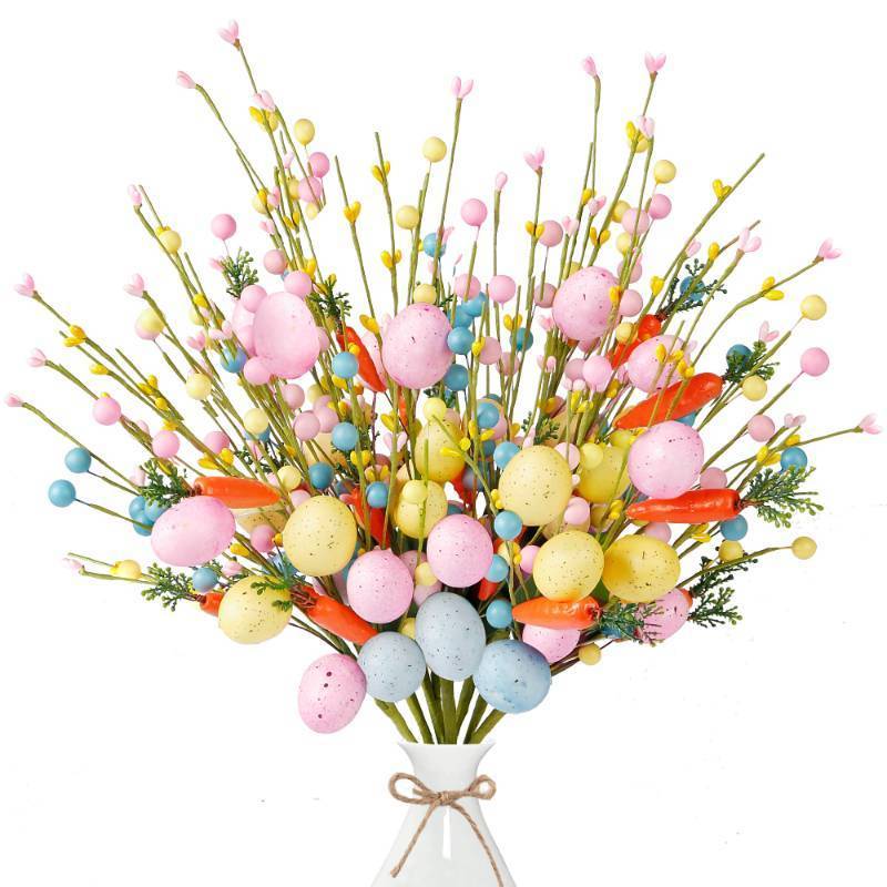 lot 3552 image: Sggvecsy Artificial Easter Stems 6 Pcs Spring Berry Picks with Eggs Carrot Colorful Berries Twig Branches Sprays for Easter Arrangement Centerpiece Easter Celebration Home Vase Decor