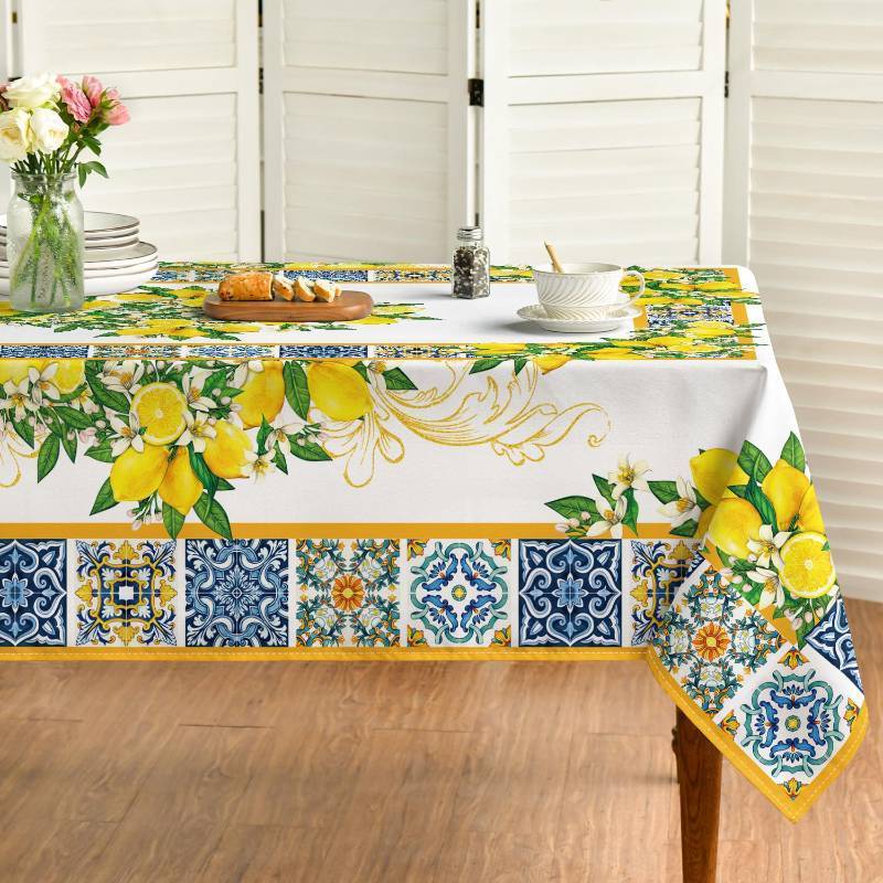 lot 6172 image: Horaldaily Summer Tablecloth 60�104 Inch Rectangular, White Yellow Lemon Vintage Pattern Washable Table Cover for Party Picnic Dinner Decor