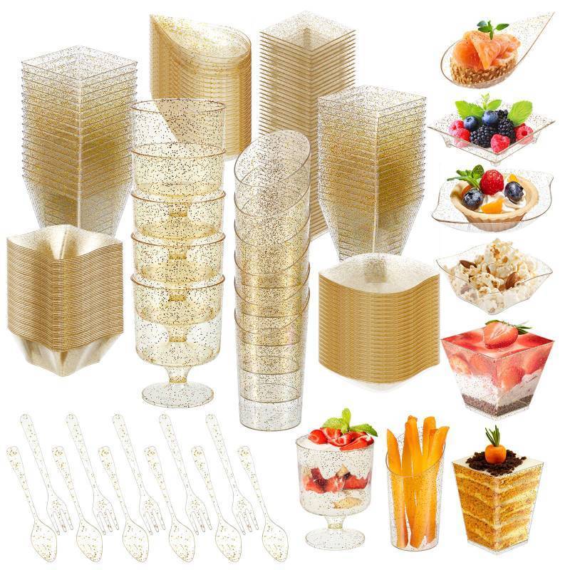 lot 3553 image: Kritkin 160 Pcs Mini Appetizer Plates Dessert Cups Spoons Forks Set Dessert Containers Assorted Shape Plastic Parfait Cups Disposable Spoon Forks for Party Serving (Gold)