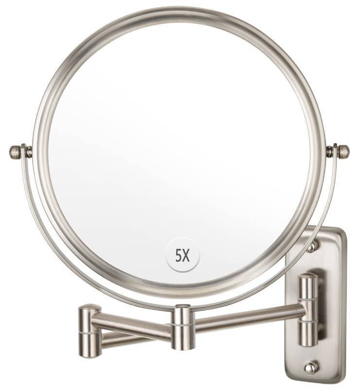 lot 19929 image: Wall Mounted Makeup Mirror, 1X5X Magnifying Mirror Double Sided, 8 Inch Extendable Bathroom Mirror for Shaving, Nickel