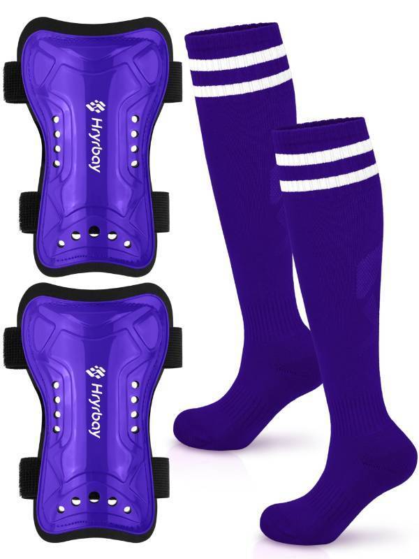 lot 6175 image: Hryrbay Kids Soccer Shin Guards and Socks Toddler Soccer Shin Pads Protective Defender Gear for Boys Girls Ages 3-15 Great for Training, Matches, Inspired by the World Cup Purple M