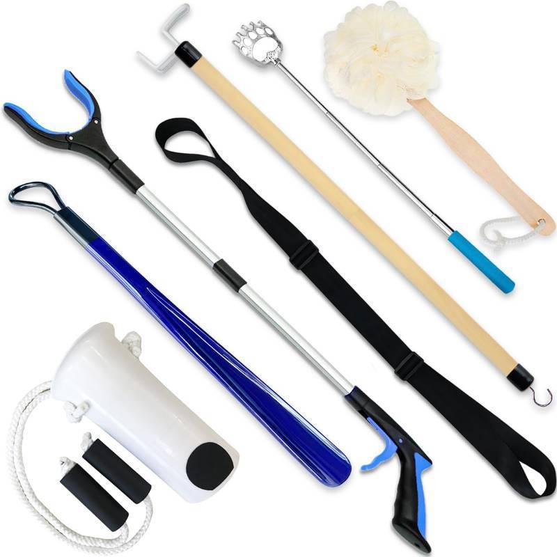 lot 19931 image: 7PC Hip Kit For Seniors Total Hip Replacement Prime, Hip Replacement Kit After Surgery, Hip Replacement Recovery Kit With Grabber,Sock Aid,Leg Lifter,Dressing Stick,Shoehorn,Back Scratcher,Bath Loofah