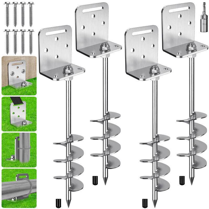 lot 3555 image: 4 Pack 18 Trampoline Ground Anchors Screw in Mobile Home Earth Anchor Stakes Set with Versatile L Bracket Playset Anchor 2.7 Wide Spiral Swingset Anchors for Fence, Tent, Shed, Canopy, Carport