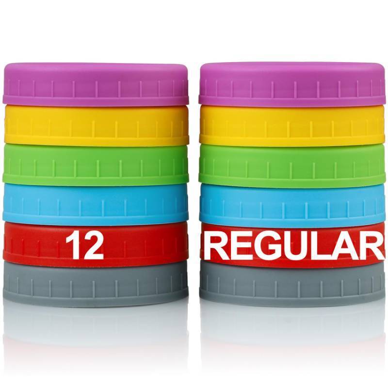 lot 6177 image: A12 Pack REGULAR MOUTH Mason Jar Lids for Ball, Kerr and More - Multicolor Plastic Storage Caps for Mason Jars, Canning Jars - Leakproof, Dishwasher Safe & Food Grade