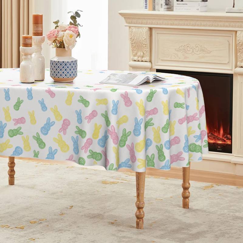lot 6183 image: Horaldaily Easter Tablecloth 60�84 Inch Oval, Colorful Bunny Rabbit Shape Washable Seasonal Table Cover for Party Picnic Dinner Decor