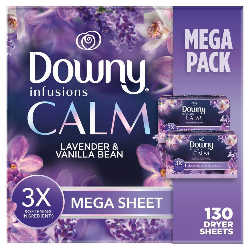 lot 6184 image: Downy CALM, Mega Dryer Sheets, Laundry Fabric Softener, Lavender and Vanilla Bean, 130 Count One of the boxes opened