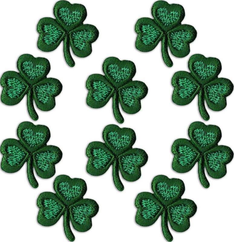 lot 4282 image: Laughing Lizards Small Shamrock Patches (10-Pack) Three Leaf Clover St. Patricks Day Iron On Appliques for Clothing, Uniforms, Hats, Backpacks, Jackets, Pants, Accessories, Etc