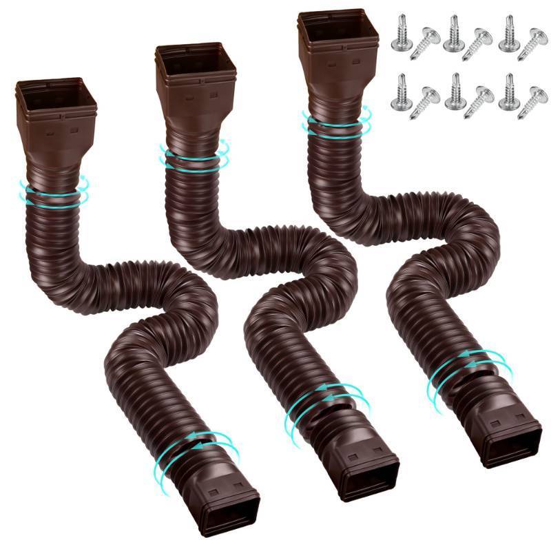lot 11022 image: 3 Pack Rain Gutter Downspout Extensions Flexible,Downspout Diverter Extendable From 21 To 58. Downspout Extender Is Suitable For Most Drain Pipe (Brown)