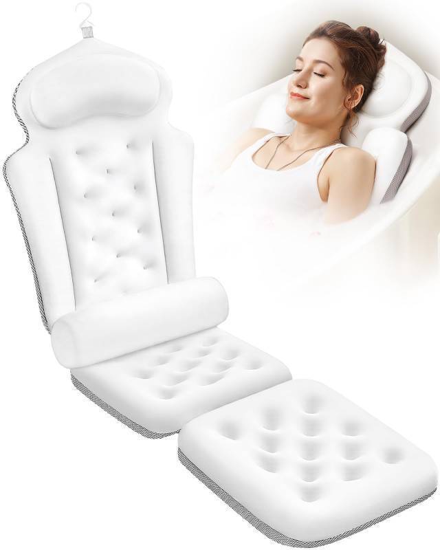 lot 11023 image: Full Body Bath Pillow for Tub, Thick Bathtub Cushion Mat with Neck, Back & Lumbar Support - Luxury Spa Bathroom Accessories, White