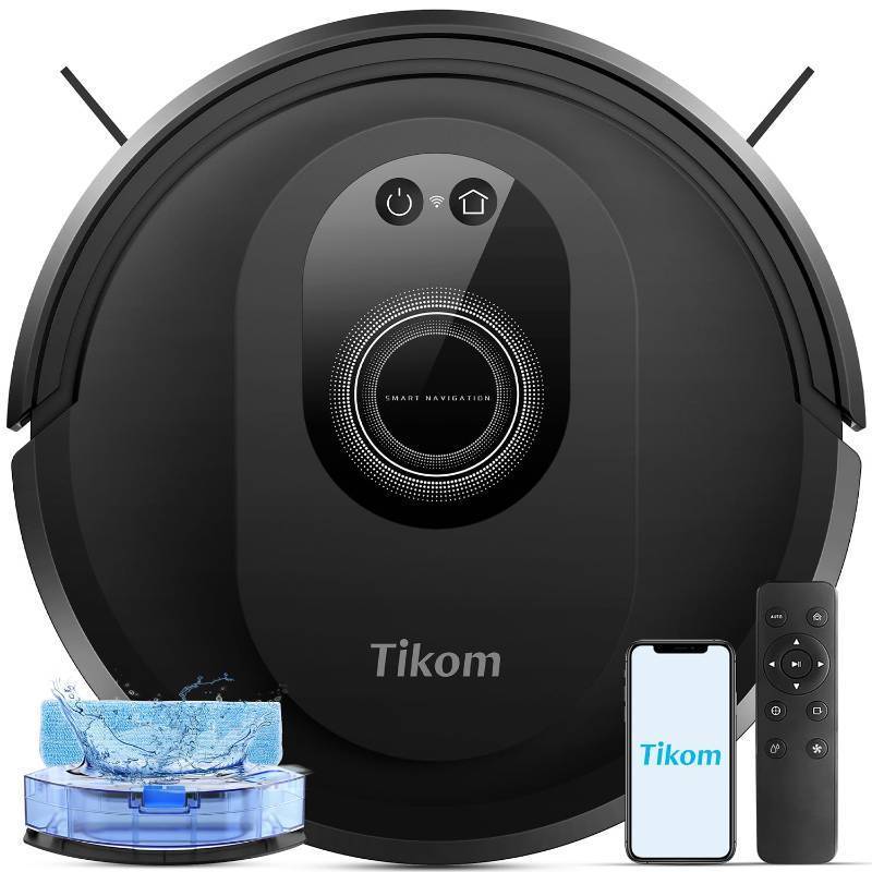 lot 19940 image: Tikom Robot Vacuum and Mop Combo, 5000Pa Robotic Vacuum Cleaner, 150 Min Max, App & Remote Control, Ideal for Hard Floor, Carpet, Pet Hair, Self-Charge(G8000 Max) (Used)