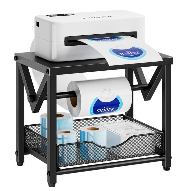 lot 19944 image: Marbrasse Label Holder for Rolls and Fanfold Labels, Metal Thermal Label Printer Holder with Drawer, Shipping Label Stand,Sticker Roll Holder for Home, Office, Small Business,Black