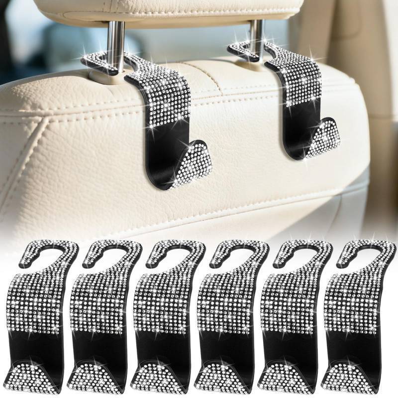 lot 6209 image: BFXM 6 Pack Bling Car Seat Headrest Hooks, Rhinestone Purse Hook for Car, Universal Storage Organizer for Handbag Grocery Bags Coats, Bling Car Accessories for Women (Bling White)