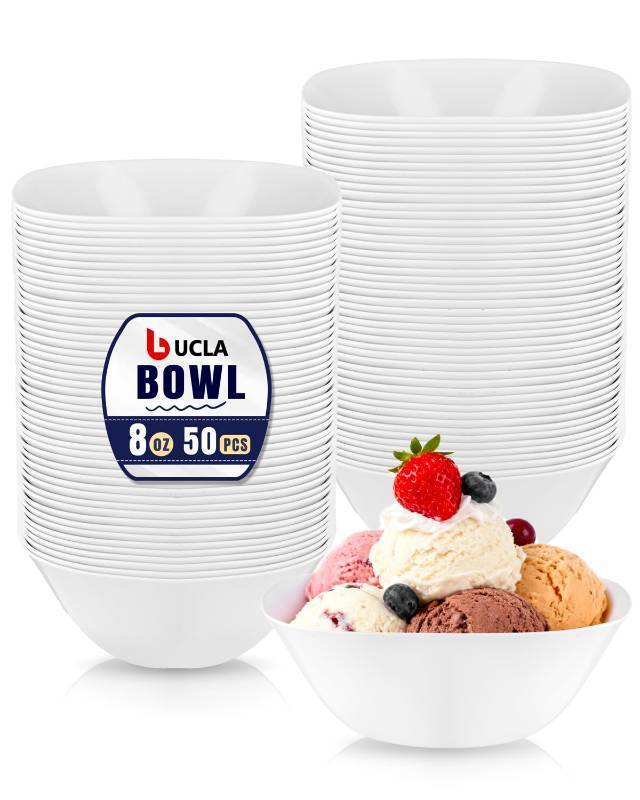lot 6211 image: bUCLA 50Pack White Plastic Small Bowls - 8oz Disposable Ice CreamSalsaDippingDessertSauceSmall Serving Bowls for Party