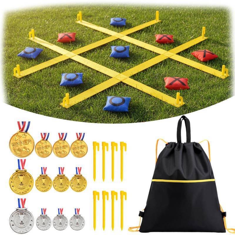 lot 6215 image: Giant Outdoor Tic Tac Toe Game 4ft x 4ft �� Bean Bag Toss Set with 12 Award Medals, Stakes & Carry Bag �� XL Lawn Yard Games for Kids Adults, Backyard Field Day Carnival & Family Party