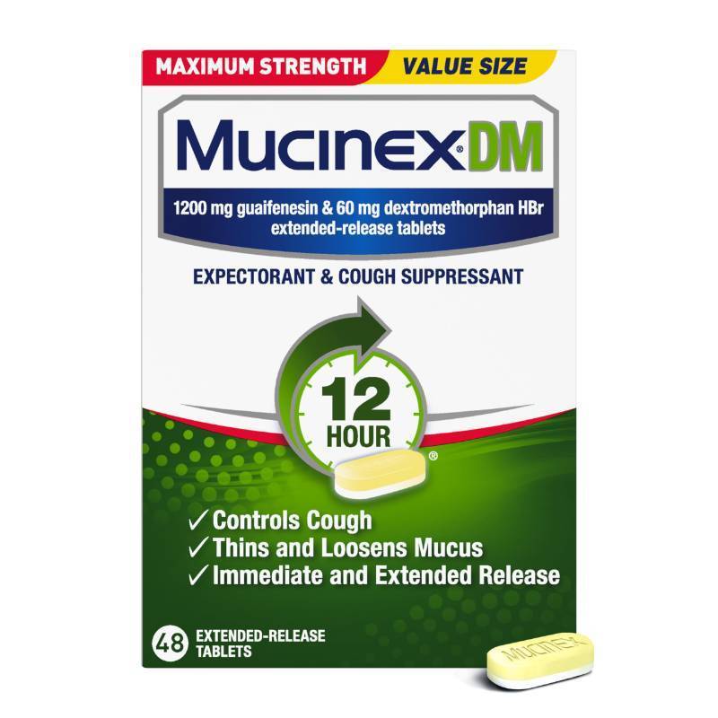 lot 6217 image: Mucinex DM 12Hr Maximum Strength Chest Congestion & Cough Medicine for Adults, Cold and Cough Medicine for Excess Mucus Relief, 1200 mg Guaifenesin & 60 mg Dextromethorphan HBr, 48 Bi-Layer Tablets