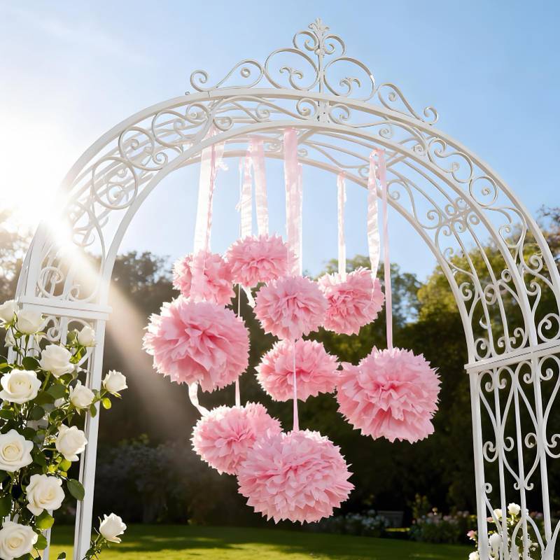 lot 6223 image: OBBOLO Pink Tissue Paper Pompoms Decorations 9 Pack, 10 12 14 Inch Large Hanging Paper Pompoms with Satin Ribbon for Pink Party Decor, Ceiling Arch Party Decor for Wedding Baby Shower Birthday