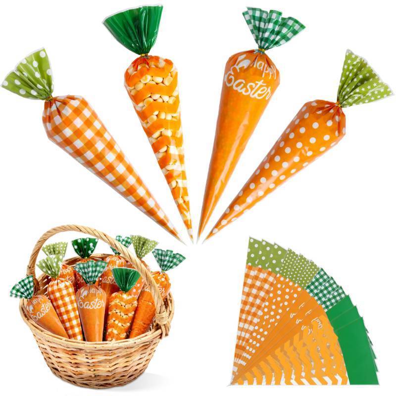 lot 6225 image: PINWATT 100 Pcs Easter Carrot Cellophane Treat Bags, 4 Patterns Cone Shaped Goodie Bags with Twist Ties for Easter Party Favors, Candy, Cookies, Snacks, and Gift Wrapping