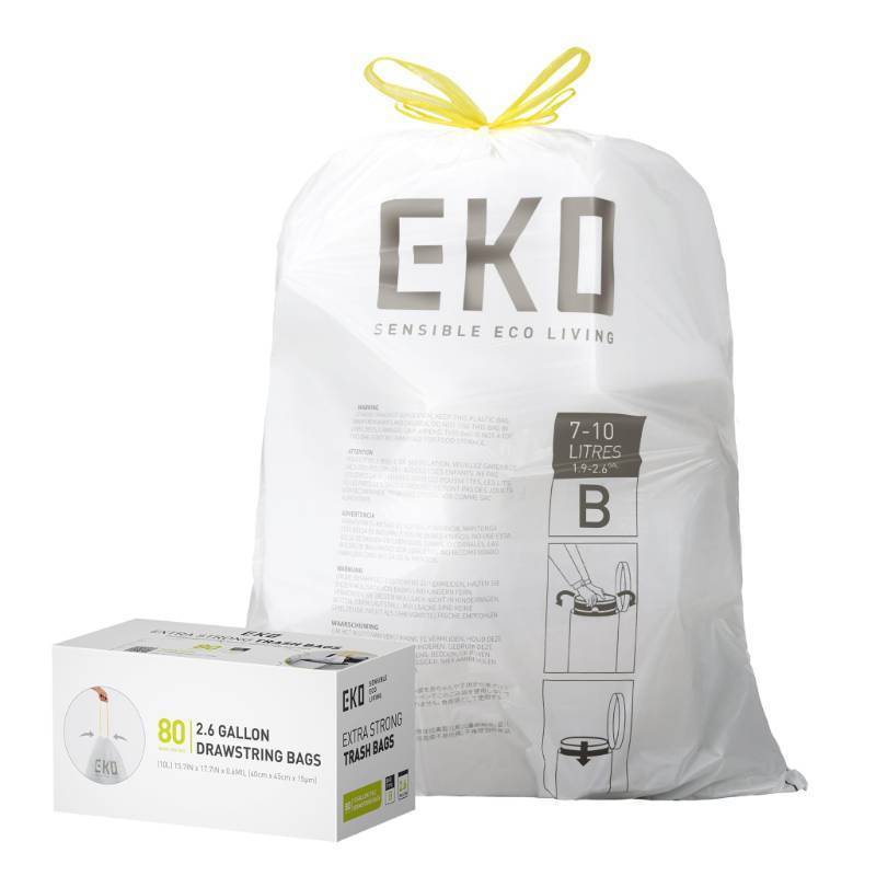 lot 6228 image: EKO 2.6 Gallon  7-10 Liter, 80 Count Small Drawstring Trash Bags, Extra-Strong Unscented Garbage Bags, Easy-Dispense Roll for Kitchen & Household Use, Resists Tears, Leaks and Punctures, Code B White