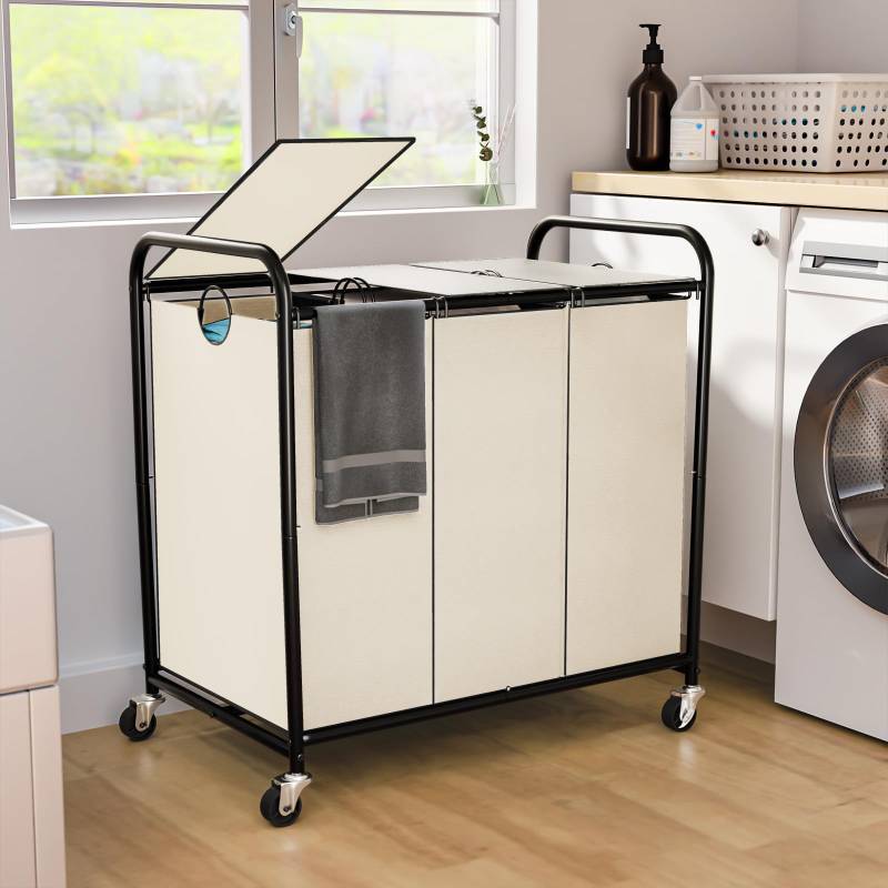 lot 11032 image: 180L (47.55 Gal) Laundry Sorter 3 Section, Rolling Laundry Basket with Lockable Wheels and Lid, Laundry Hamper with 3 Separated Removable Bags Dirty Clothes Hamper for Laundry Room Organizer, White