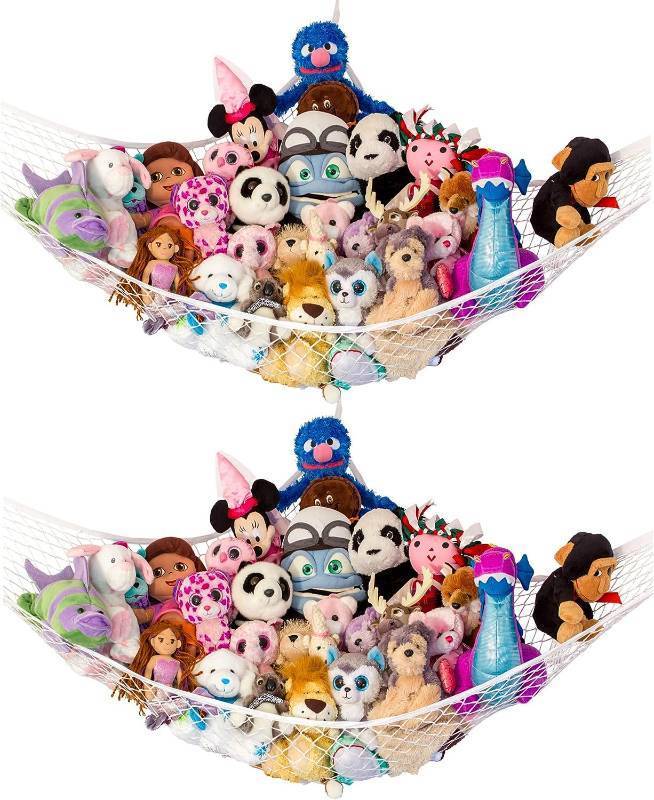 lot 12121 image: Lillys Love Large Stuffed Animal Hammock  Corner Hanging Organizer, Toy Storage, Stuffed Animal Storage Net  Made from Quality Fishing Net, Holds 12lbs  79x63x63 (White, 2 Pack)