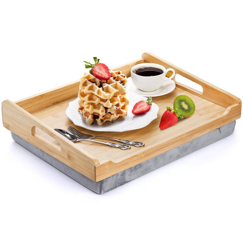 lot 19952 image: TOPZEA Bamboo Lap Tray with Detachable Cushion, 16.5x 12.5 Bed Trays TV Lap Desk, Breakfast Meal Serving Tray with Handle for Adults Eating in Recliner, Couch, Car, Fits for 13-14 Inch Laptops (Broken Corner)