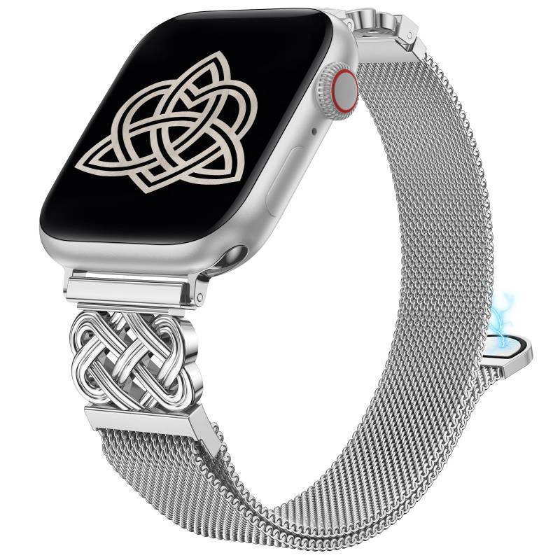 lot 4325 image: BEEXI Stainless Steel Magnetic Loop Compatible with Apple Watch Band 42414038mm Women Mesh Celtic Knot Dressy Strap for iWatch Series 1110987654321SE & Ultra(123) Silver