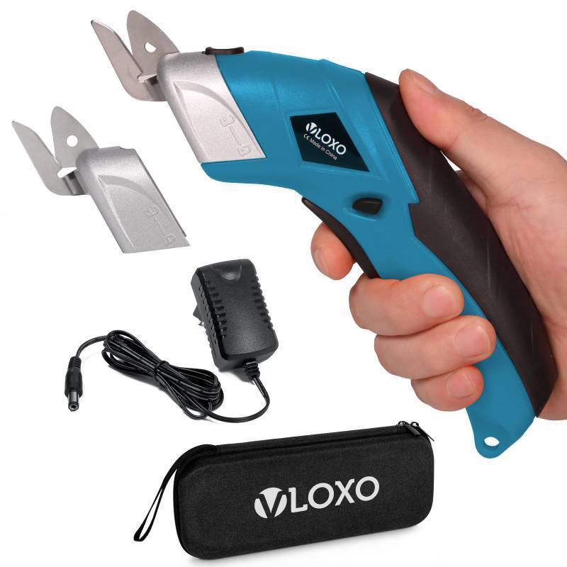 lot 14172 image: VLOXO Cordless Electric Scissors Super Scissors with 2 Type Blades Rechargeable Cardboard Cutter Powerful Cutting Tool for Fabric Cardboard Carpet Leather Felt Blue CS4001