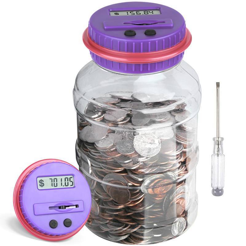 lot 12131 image: Large Piggy Bank for Adults Kids, Vcertcpl Digital Coin Counting Bank with LCD Counter, 1.8L Capacity Coin Bank Money Jar for Adults, Designed for All US Coins (Purple)