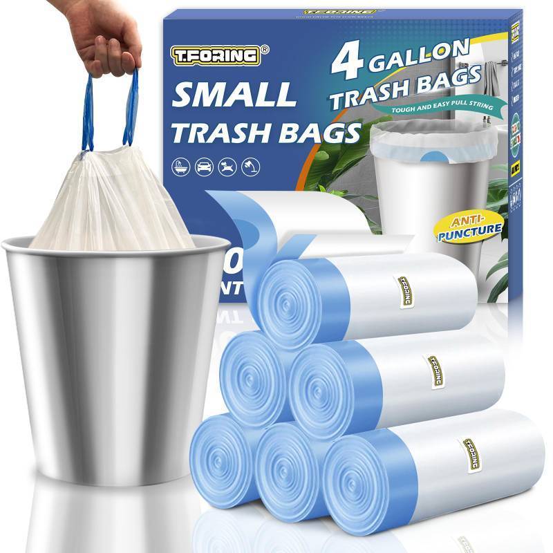 lot 14173 image: T.FORING Small Trash Bags 4 Gallon with Drawstring, 1.1 Mil 15 Liter White Thick Unscented Small Plastic Garbage Bags for Bathroom, Wastebasket Liners for Toilet Home Office and Bedroom (4 Gal-120)