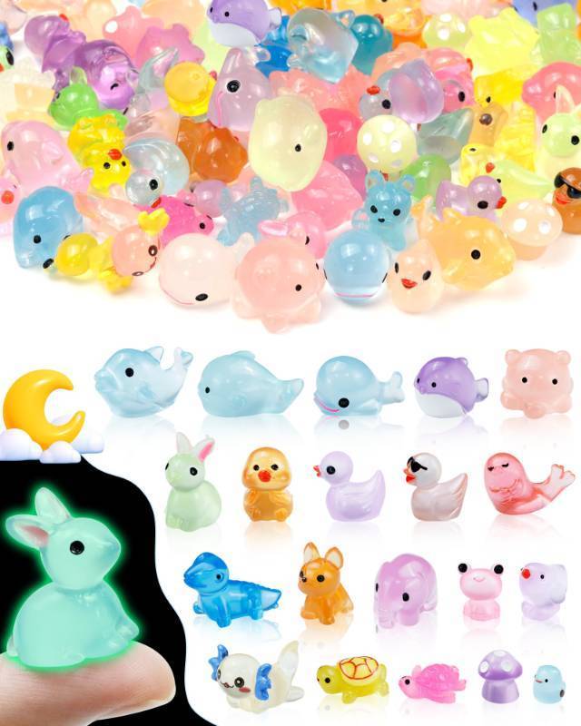 lot 6251 image: FIVEIZERO 100PCS Luminous mini Resin Animals Bulk - 20 Styles Glow in The Dark Plastic Tiny Animals Figures for Dollhouse, Fairy Garden, Aquarium, Party Favors & DIY Craft Decor