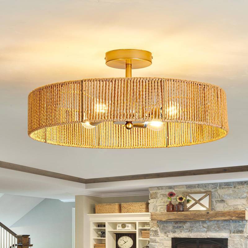lot 6262 image: hesoge Boho Rattan Ceiling Light Fixture Vintage Gold Semi Flush Mount Ceiling Light 20 Inches Round 4 Light Chandelier for Farmhouse Hallway Bedroon Living Room Dining Room Kitchen Island