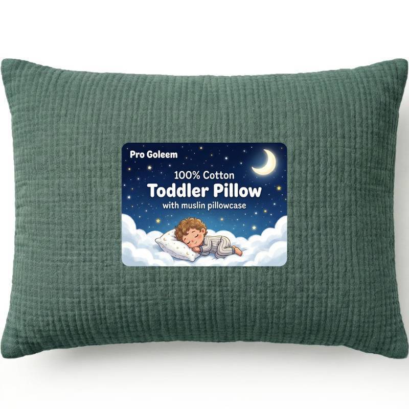 lot 6263 image: Pro Goleem Toddler Pillow with 100% Muslin Cotton Pillowcase �� 13x18 Ultra Soft, Breathable & Machine Washable Kids Pillow for Sleeping, Travel, Daycare & Preschool Nap (Green, Ages 2)