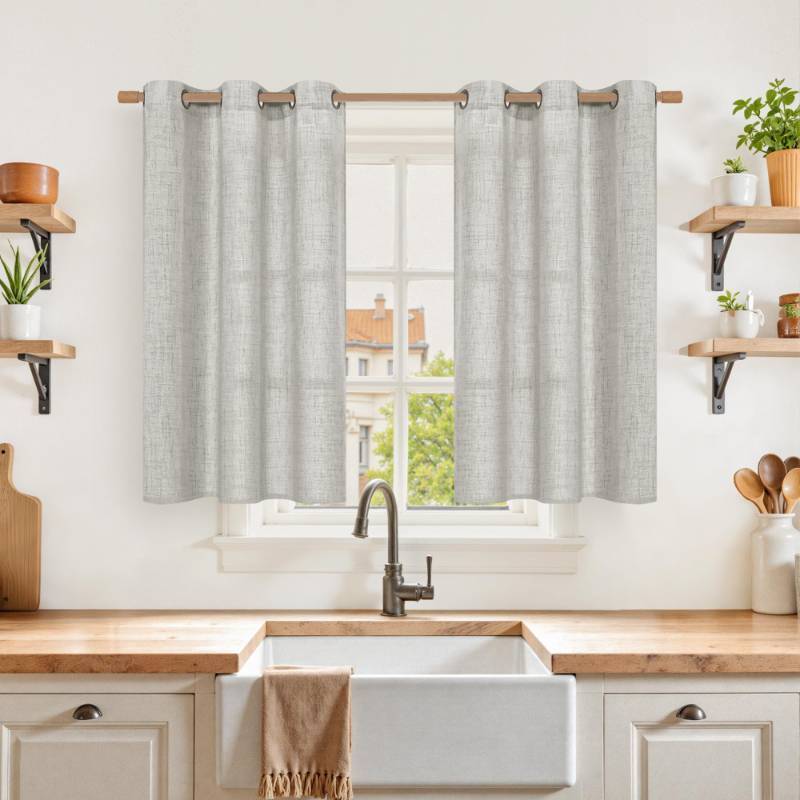 lot 6264 image: YoungsTex Light Grey Linen Curtains for Kitchen Window 40 Inch Length, Light Filtering Semi Sheer Short Drapes with Bronze Grommet Privacy for Bedroom Bathroom Cafe, 42 x 40 Inch, 2 Panels