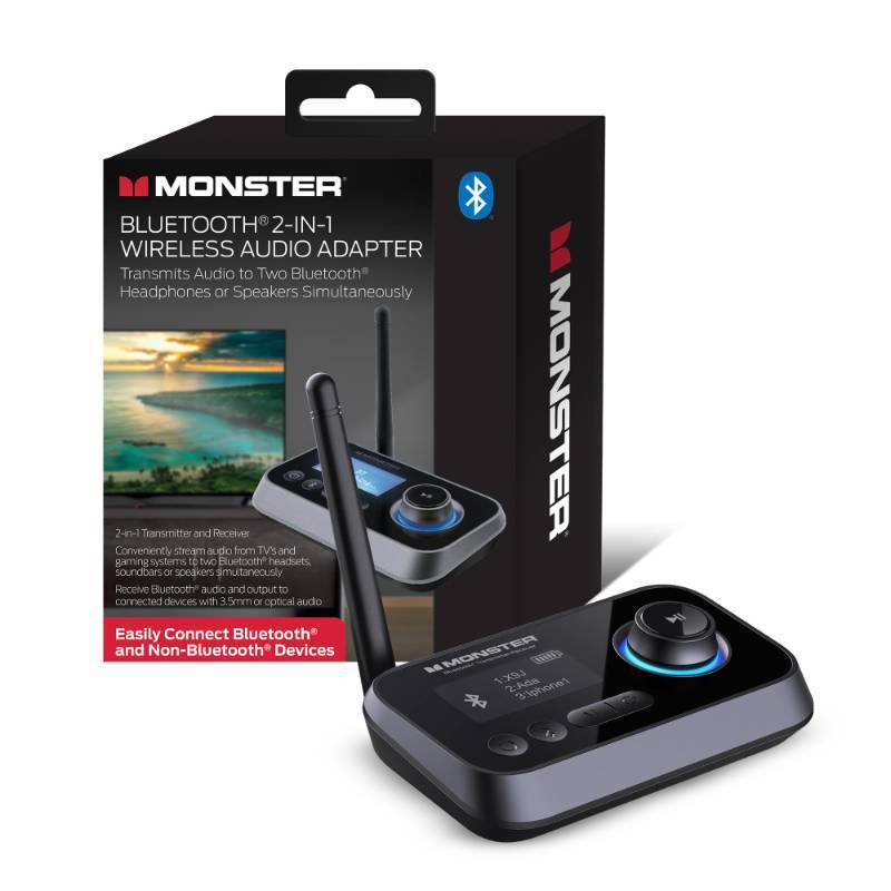 lot 6265 image: Monster Bluetooth Transmitter & Receiver, 2-in-1 Bluetooth Audio Adapter, Stream tofrom NonBluetooth Devices, Stream TV to 2 Headphones, 33 ft Range, Analog & Digital, TV USB Powered, 3.5mm Aux Port