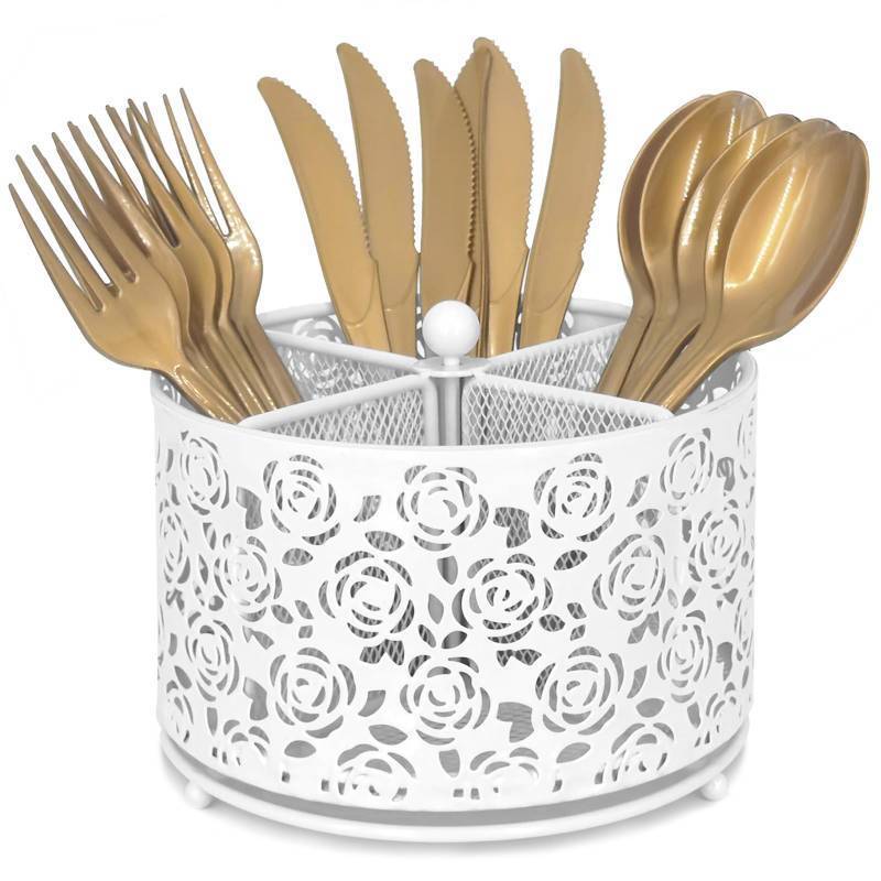 lot 6266 image: DysanVica 360° Rotating Metal Silverware Caddy - 4 Compartment Utensil Cutlery Holder Fork Spoon Napkin Organizer Flatware Storage Basket Party Countertop Buffet Picnic Camping Outdoor (White)