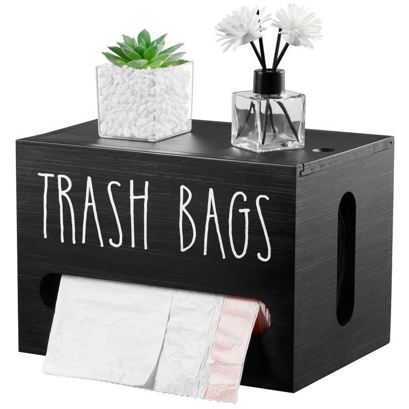 lot 11042 image: DRASTAR Trash Bag Dispenser, Large Wooden Trash Bag Holder Wall Mount, Black Roll Holder for for 13-gallon Plastic Garbage Bags Dispenser Countertop, Under Kitchen Sink Organization