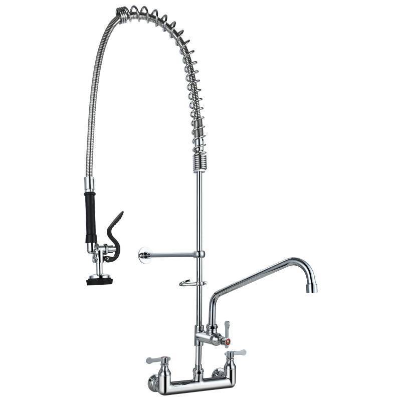 lot 11043 image: OIERZIN Commercial Kitchen Faucet with Pre-Rinse Sprayer 8 Inch Center Wall Mount Kitchen Sink Faucet with Pull Down Spray - 25 Height Compartment Sink Faucets with 12 Inches Add-On Spout