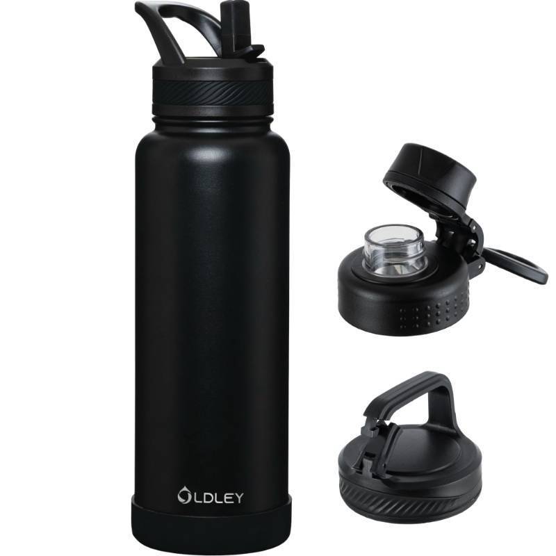 lot 6280 image: OLDLEY 40 oz Insulated Water Bottle With Straw, Stainless Steel Sports Water Cup Flask with 3 Lids(Straw, Spout and Handle Lid) Double Walled Travel Thermal Canteen Mug,Black